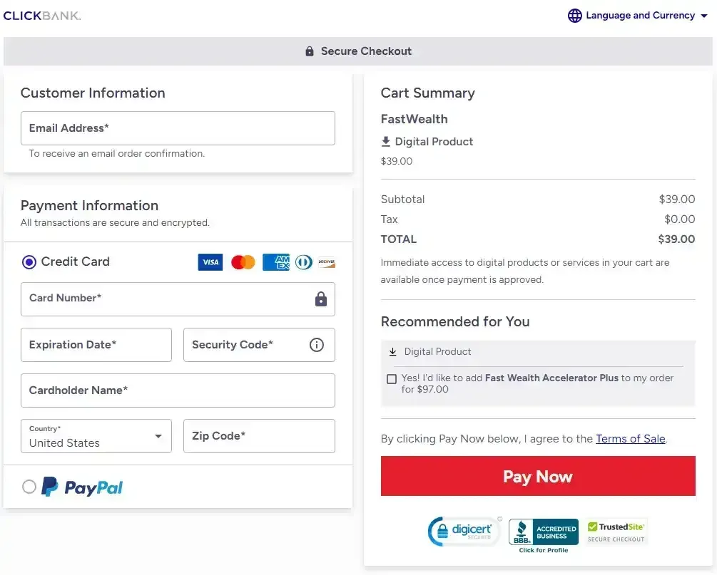 Fast Wealth™Checkout Page